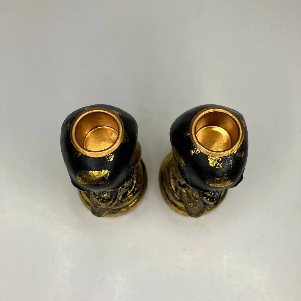 2 Skeleton Halloween Gold Resin Candle Stick Holders 5”